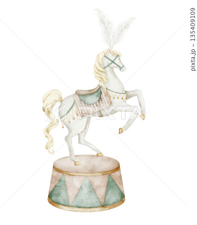 Horse watercolor illustration. Clipart of carnival animal standing on a circus pedestal for children illustrations, nursery posters, birthday invitations, baby shower invitations. Art in pastel colors Horse watercolor illustration. Clipart of carnival animal standing on a circus pedestal for children illustrations, nursery posters, birthday invitations, baby shower invitations. Art in pastel colors 135409109