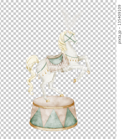 Horse watercolor illustration. Clipart of carnival animal standing on a circus pedestal for children illustrations, nursery posters, birthday invitations, baby shower invitations. Art in pastel colors Horse watercolor illustration. Clipart of carnival animal standing on a circus pedestal for children illustrations, nursery posters, birthday invitations, baby shower invitations. Art in pastel colors 135409109