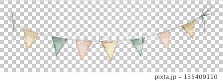 Garland with triangular flags Watercolor illustration. Clipart of circus bunting for baby shower greeting cards, childish birthday invitations, banners, frames in pastel colors Garland with triangular flags Watercolor illustration. Clipart of circus bunting for baby shower greeting cards, childish birthday invitations, banners, frames in pastel colors 135409110