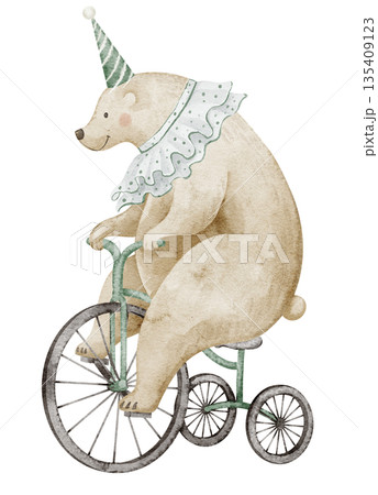 Circus bear riding a bicycle watercolor illustration. Clipart of carnival animal for nursery wall art, birthday greeting cards, baby shower invitations. Art for children posters in pastel beige colors Circus bear riding a bicycle watercolor illustration. Clipart of carnival animal for nursery wall art, birthday greeting cards, baby shower invitations. Art for children posters in pastel beige colors 135409123