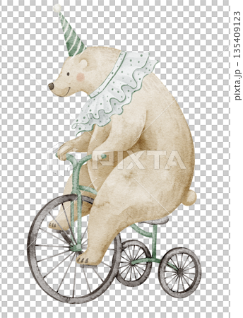 Circus bear riding a bicycle watercolor illustration. Clipart of carnival animal for nursery wall art, birthday greeting cards, baby shower invitations. Art for children posters in pastel beige colors Circus bear riding a bicycle watercolor illustration. Clipart of carnival animal for nursery wall art, birthday greeting cards, baby shower invitations. Art for children posters in pastel beige colors 135409123