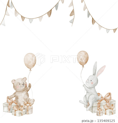 Bear and hare watercolor illustration sitting on gift boxes with balloons. Nursery card design for birthday greetings, baby shower invitations, posters and baby room pastel artwork. 135409125