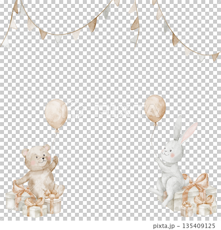 Bear and hare watercolor illustration sitting on gift boxes with balloons. Nursery card design for birthday greetings, baby shower invitations, posters and baby room pastel artwork. 135409125