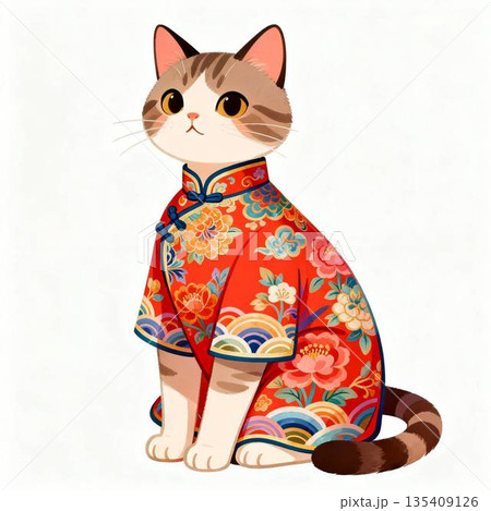 チャイナ服　ねこ　白背景 135409126
