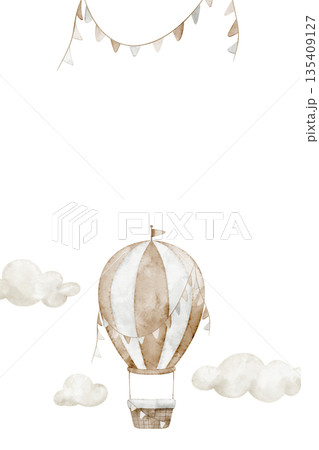 Hot air balloon watercolor illustration floating in the sky with beige pastel clouds. Nursery card design with aircraft for baby room posters, baby shower greeting cards and childish invitations. 135409127