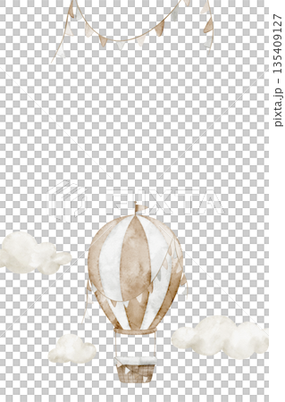 Hot air balloon watercolor illustration floating in the sky with beige pastel clouds. Nursery card design with aircraft for baby room posters, baby shower greeting cards and childish invitations. 135409127