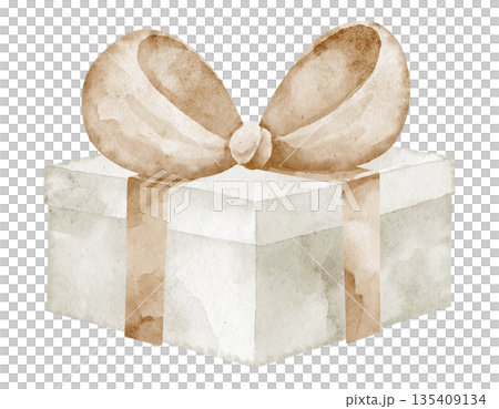 Gift box watercolor illustration with present and ribbon and bow in neutral beige pastel tones. Drawing for childish party design, baby shower greeting cards or kids Birthday invitations. Gift box watercolor illustration with present and ribbon and bow in neutral beige pastel tones. Drawing for childish party design, baby shower greeting cards or kids Birthday invitations. 135409134