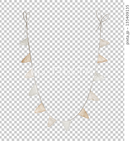 Garland watercolor illustration in pastel neutral beige colors with flags and simple string. Pennants for nursery design or baby shower greeting cards and childish invitations. Isolated clipart. Garland watercolor illustration in pastel neutral beige colors with flags and simple string. Pennants for nursery design or baby shower greeting cards and childish invitations. Isolated clipart. 135409135