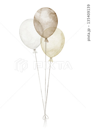 Balloons watercolor illustration. Bunch of three floating shapes in soft pastel beige colors. Cluster for nursery design or baby shower greeting cards or childish Birthday invitations. Party clipart. Balloons watercolor illustration. Bunch of three floating shapes in soft pastel beige colors. Cluster for nursery design or baby shower greeting cards or childish Birthday invitations. Party clipart. 135409139