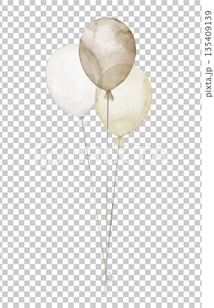Balloons watercolor illustration. Bunch of three floating shapes in soft pastel beige colors. Cluster for nursery design or baby shower greeting cards or childish Birthday invitations. Party clipart. Balloons watercolor illustration. Bunch of three floating shapes in soft pastel beige colors. Cluster for nursery design or baby shower greeting cards or childish Birthday invitations. Party clipart. 135409139