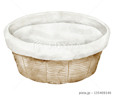 Basket watercolor illustration with soft textile rim and wooden base. Drawing ow wicker childish crib for nursery design or baby shower greeting cards or invitations. Clipart on isolated background. 135409140