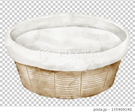 Basket watercolor illustration with soft textile rim and wooden base. Drawing ow wicker childish crib for nursery design or baby shower greeting cards or invitations. Clipart on isolated background. 135409140