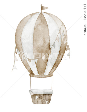 Air balloon watercolor illustration with garland. Drawing of Airship in pastel beige colors with flag for nursery posters or baby shower greeting cards and childish invitations. Aircraft for kids. 135409141
