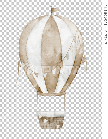 Air balloon watercolor illustration with garland. Drawing of Airship in pastel beige colors with flag for nursery posters or baby shower greeting cards and childish invitations. Aircraft for kids. 135409141