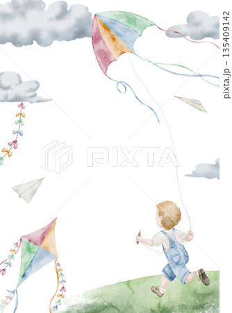 Vertical watercolor frame with kites, clouds and ribbons. Illustration of Template with cute Boy playing with flying Toy. Background for baby shower greeting cards and childish birthday invitations. 135409142
