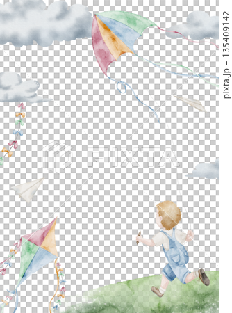 Vertical watercolor frame with kites, clouds and ribbons. Illustration of Template with cute Boy playing with flying Toy. Background for baby shower greeting cards and childish birthday invitations. 135409142