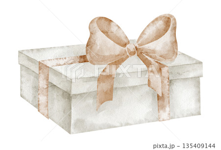 Gift box watercolor illustration with ribbon. Drawing of pastel beige present and brown Bow for baby shower greeting cards or kids Birthday invitations. Art for party design. Isolated clipart. 135409144