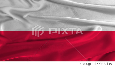 Flag of Poland with fabric textured background. Close up of National flag of Poland with realistic texture 135409149