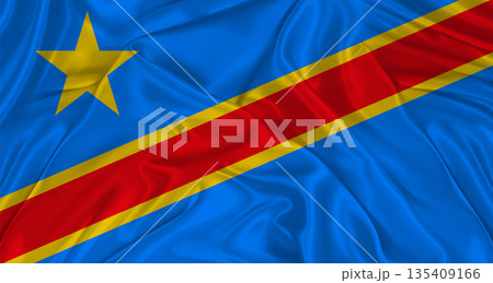 Democratic Republic of the Congo flag with fabric texture. Realistic flag of the Democratic Republic of the Congo waving, National flag 135409166