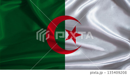 Algeria flag with cloth textured background. National flag of Algeria with realistic texture Algeria flag with cloth textured background. National flag of Algeria with realistic texture 135409208