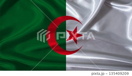 National flag of Algeria with cloth texture. Algeria flag with realistic texture background 135409209