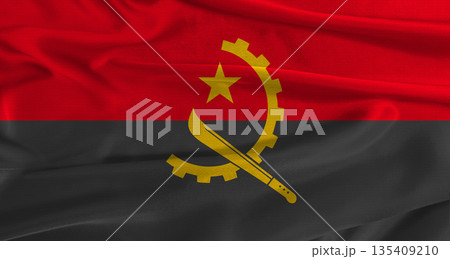 Flag of Angola with fabric textured background. Close up of National flag of Angola with realistic texture Flag of Angola with fabric textured background. Close up of National flag of Angola with realistic texture 135409210