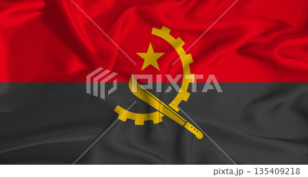 Realistic Angola flag waving. Close up of flag of Angola with cloth texture Realistic Angola flag waving. Close up of flag of Angola with cloth texture 135409218