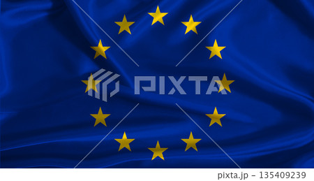 European Union flag with cloth textured background. National flag of the European Union with realistic texture 135409239