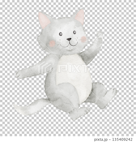 Cat watercolor illustration with kitten in pastel grey colors. Illustration of cute animal for nursery design or baby shower greeting cards and childish invitations. Clipart on isolated background. Cat watercolor illustration with kitten in pastel grey colors. Illustration of cute animal for nursery design or baby shower greeting cards and childish invitations. Clipart on isolated background. 135409242