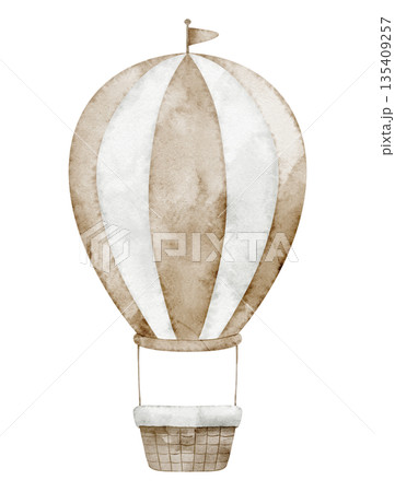 Air balloon watercolor illustration. Drawing of Airship in pastel beige colors with flag for nursery posters or baby shower greeting cards and childish invitations. Art of Aircraft for kids stationary Air balloon watercolor illustration. Drawing of Airship in pastel beige colors with flag for nursery posters or baby shower greeting cards and childish invitations. Art of Aircraft for kids stationary 135409257