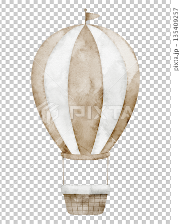 Air balloon watercolor illustration. Drawing of Airship in pastel beige colors with flag for nursery posters or baby shower greeting cards and childish invitations. Art of Aircraft for kids stationary Air balloon watercolor illustration. Drawing of Airship in pastel beige colors with flag for nursery posters or baby shower greeting cards and childish invitations. Art of Aircraft for kids stationary 135409257