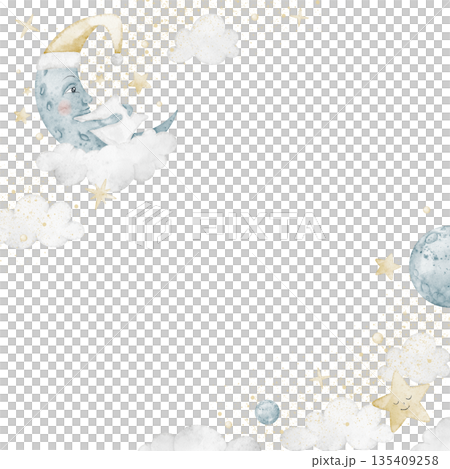 Moon watercolor illustration with clouds, stars and gentle splashes, forming a calm night Card for baby shower greeting cards, nursery posters and childish greeting cards. Square Template for bedtime. Moon watercolor illustration with clouds, stars and gentle splashes, forming a calm night Card for baby shower greeting cards, nursery posters and childish greeting cards. Square Template for bedtime. 135409258