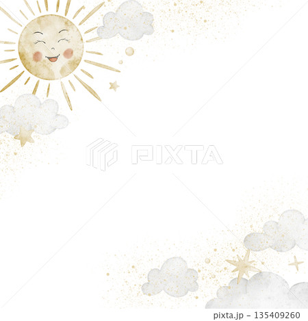 Watercolor illustration of Frame with Sun, bright sky card, clouds and stars. Template with gentle daylight for baby shower greeting cards and childish stationery. Background for nursery posters. Watercolor illustration of Frame with Sun, bright sky card, clouds and stars. Template with gentle daylight for baby shower greeting cards and childish stationery. Background for nursery posters. 135409260