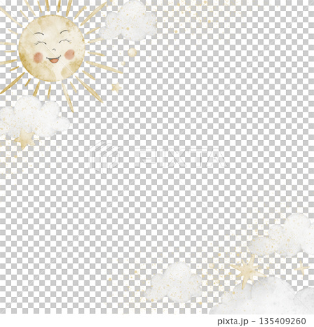 Watercolor illustration of Frame with Sun, bright sky card, clouds and stars. Template with gentle daylight for baby shower greeting cards and childish stationery. Background for nursery posters. Watercolor illustration of Frame with Sun, bright sky card, clouds and stars. Template with gentle daylight for baby shower greeting cards and childish stationery. Background for nursery posters. 135409260