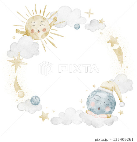 Wreath watercolor illustration with sun, moon, stars and clouds forming a circular day - night frame. Round frame with sky elements for baby shower greeting cards or childish invitations. Nursery art. 135409261
