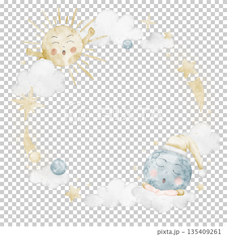 Wreath watercolor illustration with sun, moon, stars and clouds forming a circular day - night frame. Round frame with sky elements for baby shower greeting cards or childish invitations. Nursery art. 135409261