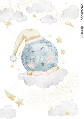 Moon watercolor illustration with clouds and stars forming a gentle night poster baby shower invitations or nursery design. Dreamy celestial Template for childish bedtime design and kids greetings. 135409262