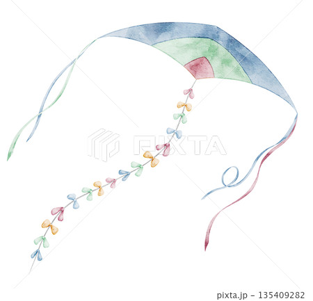 Kite with long ribbons flowing in the sky watercolor illustration. Drawing of Toy with long tail for Baby shower greeting cards or childish Birthday party invitations. Clipart in pastel colors for kid Kite with long ribbons flowing in the sky watercolor illustration. Drawing of Toy with long tail for Baby shower greeting cards or childish Birthday party invitations. Clipart in pastel colors for kid 135409282