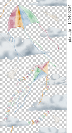 Kite watercolor vertical border with clouds and paper planes. Illustration of seamless pattern with flying Toys for baby shower greeting cards and childish birthday invitations. Art for kids frames. Kite watercolor vertical border with clouds and paper planes. Illustration of seamless pattern with flying Toys for baby shower greeting cards and childish birthday invitations. Art for kids frames. 135409284