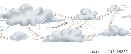 Cloud watercolor Border with garlands and Ribbons. Illustration of seamless pattern for baby shower greeting cards and childish birthday invitations. Frame for banners and kids stationery design. 135409285