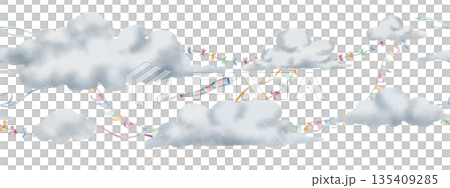 Cloud watercolor Border with garlands and Ribbons. Illustration of seamless pattern for baby shower greeting cards and childish birthday invitations. Frame for banners and kids stationery design. 135409285