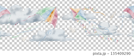 Kite watercolor border with clouds and paper planes. Illustration of seamless pattern with flying Toys for baby shower greeting cards and childish birthday invitations. Art for kids frames and banner. Kite watercolor border with clouds and paper planes. Illustration of seamless pattern with flying Toys for baby shower greeting cards and childish birthday invitations. Art for kids frames and banner. 135409290
