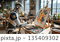 Humanoid robot artist painting vibrant abstract canvas in creative studio with brushes and paints on table and soft daylight background. Concept of artificial intelligence and creativity 135409302