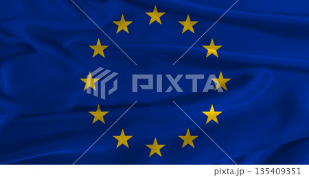 Flag of the European Union with fabric textured background. Close up of National flag of the European Union with realistic texture 135409351