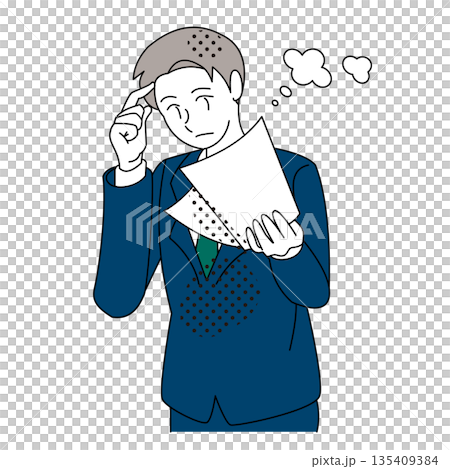 Illustration of a businessman thinking while reading a document Illustration of a businessman thinking while reading a document 135409384