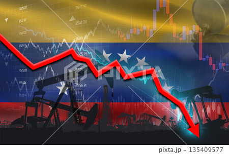 Crude crisis with Venezuelan flag on financial graph. Fall oil price with flag of Venezuela on economic chart Crude crisis with Venezuelan flag on financial graph. Fall oil price with flag of Venezuela on economic chart 135409577