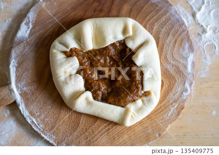 Prepared pastry for baking, top down view of homemade food Prepared pastry for baking, top down view of homemade food 135409775