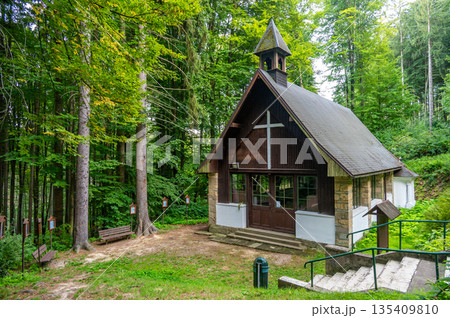Chapel of St. Marry Celenska, Czech Republic. Small wooden chapel in forest, religion place Chapel of St. Marry Celenska, Czech Republic. Small wooden chapel in forest, religion place 135409810