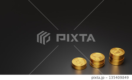 黒背景の右下に並ぶ金貨とコピースペース 国際分散投資・成長・プレミアムな資産運用イメージ 135409849