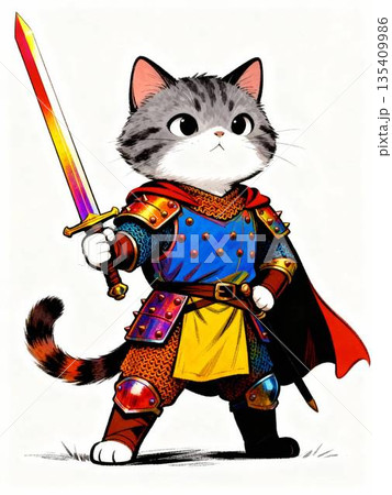 ねこ　剣士　白背景 135409986